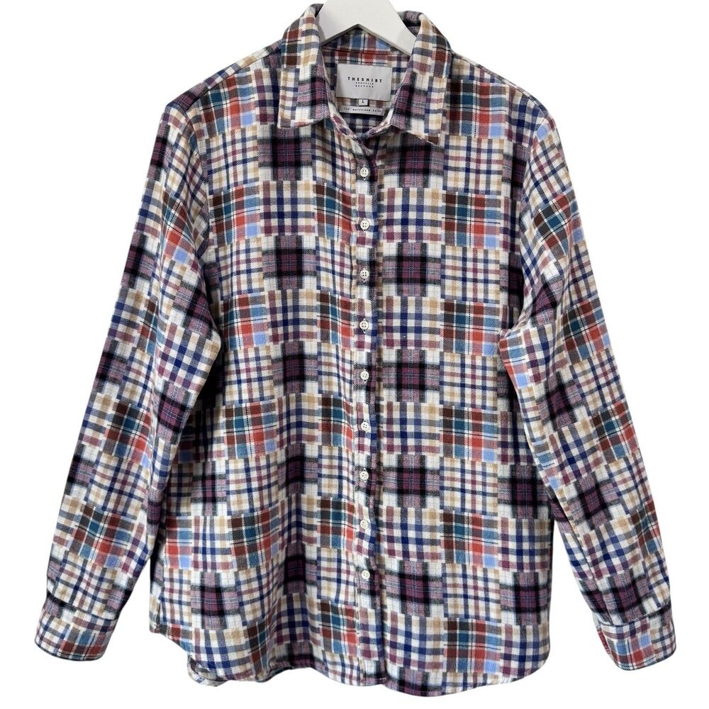 THE SHIRT Rochelle Behrens The Boyfriend Button Down Flannel Shirt Patchwork Lrg